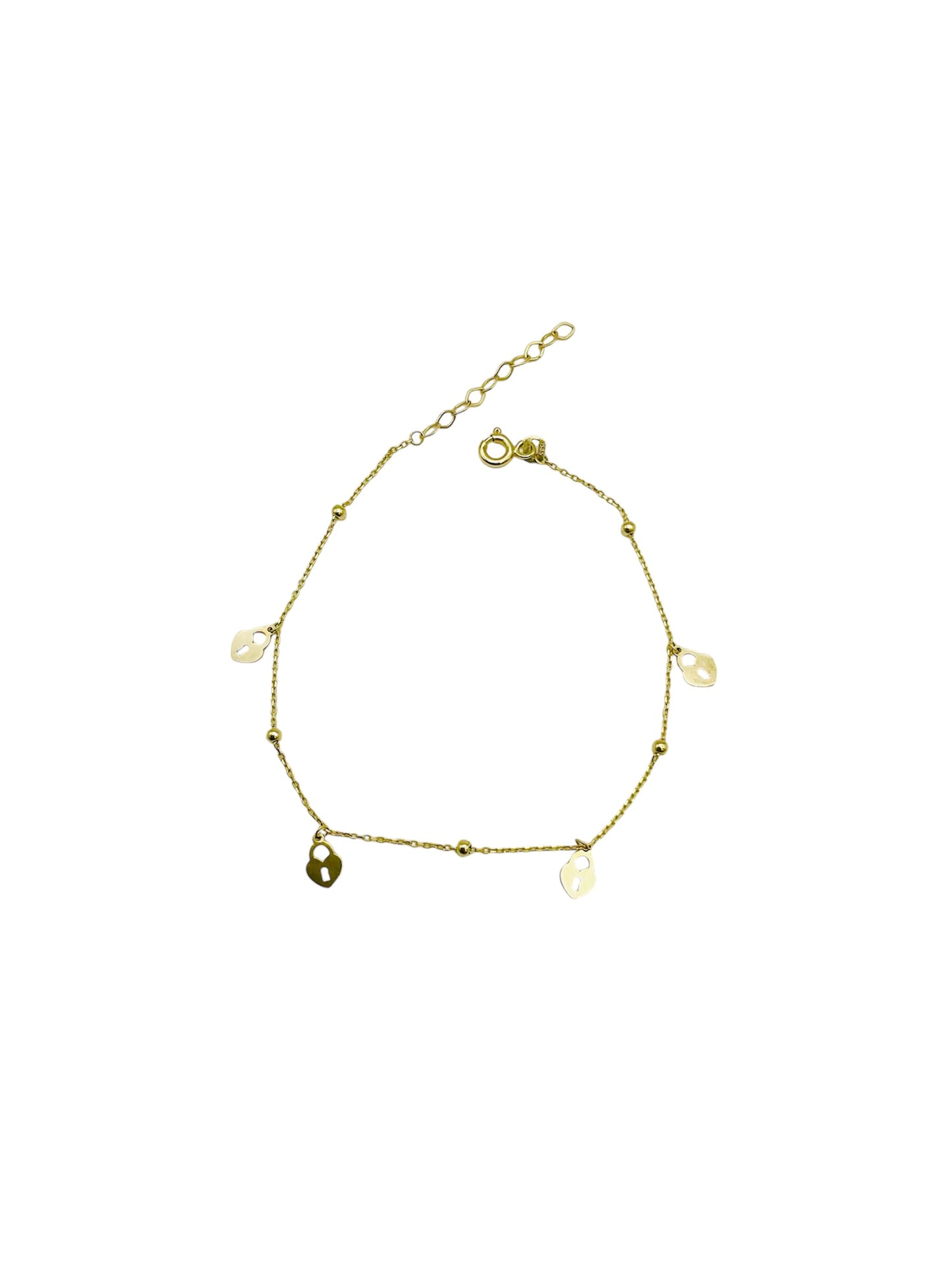 14K Solid Yellow Gold Beaded Bracelet with Padlock Heart Design Charms
