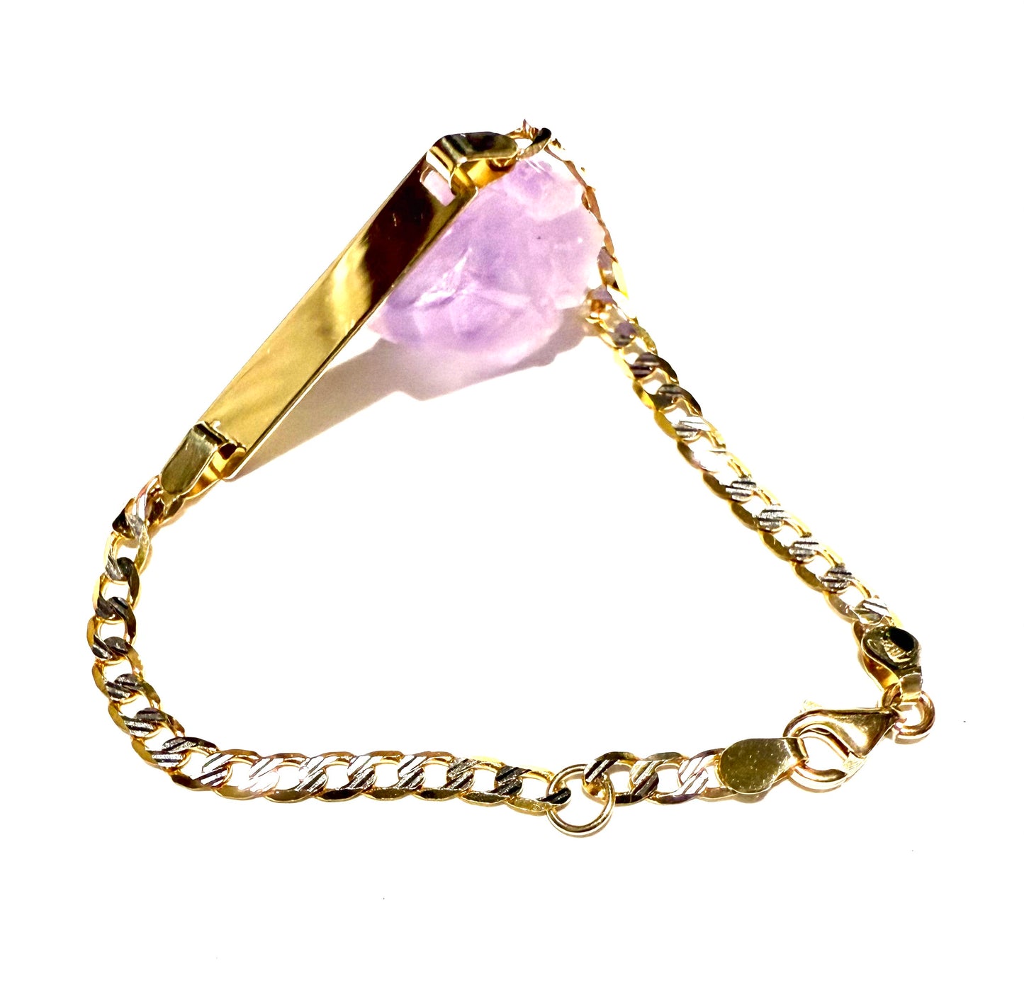 14K Solid Gold Two Tone Flat Cuban Link Chain ID Bracelet