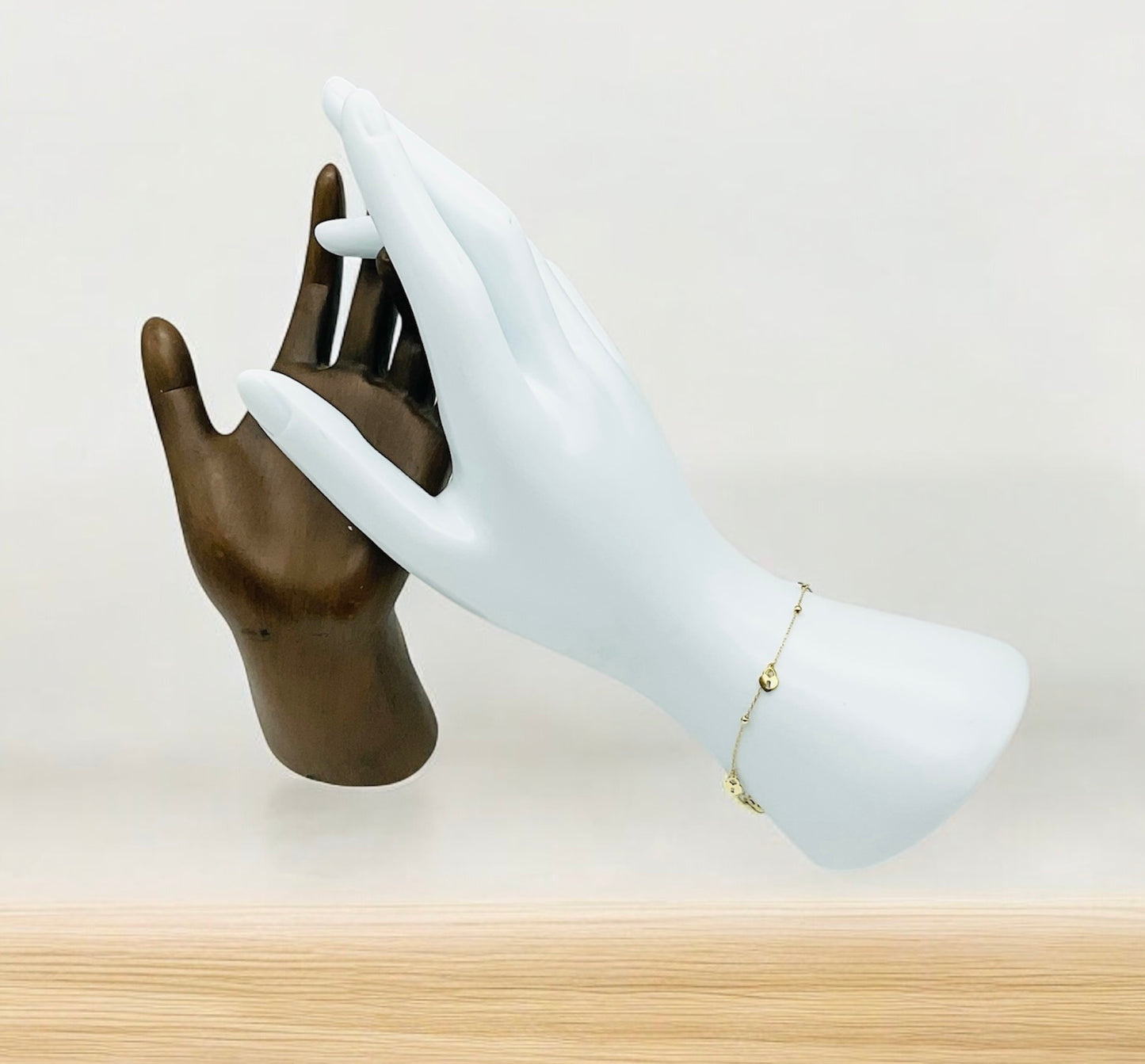 14K Solid Yellow Gold Beaded Bracelet with Padlock Heart Design Charms