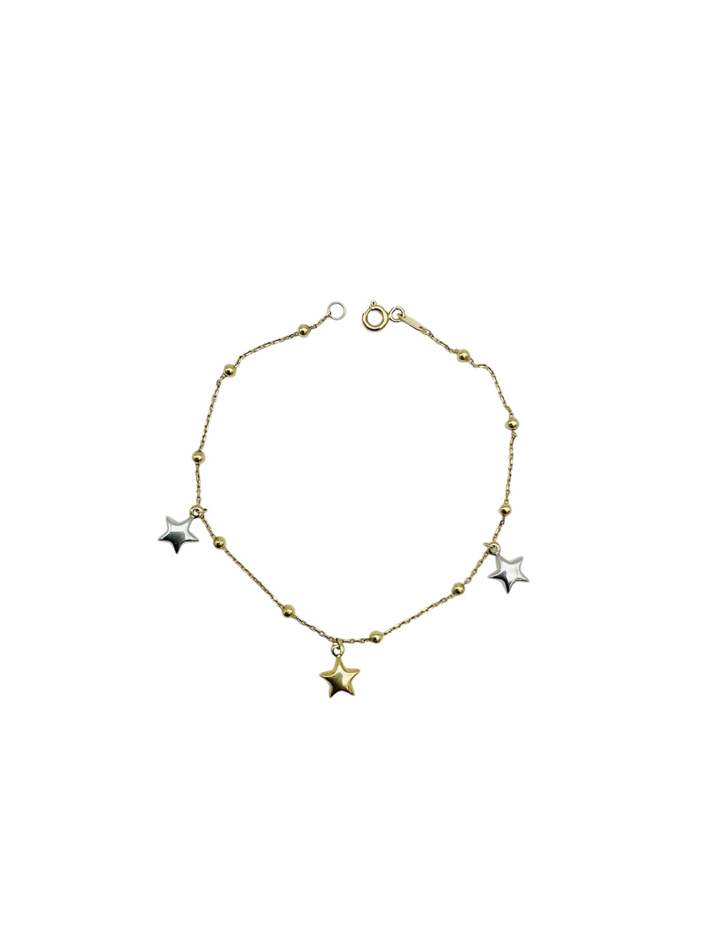 14K Solid Yellow Gold Beaded Bracelet with Two Color Star Charms