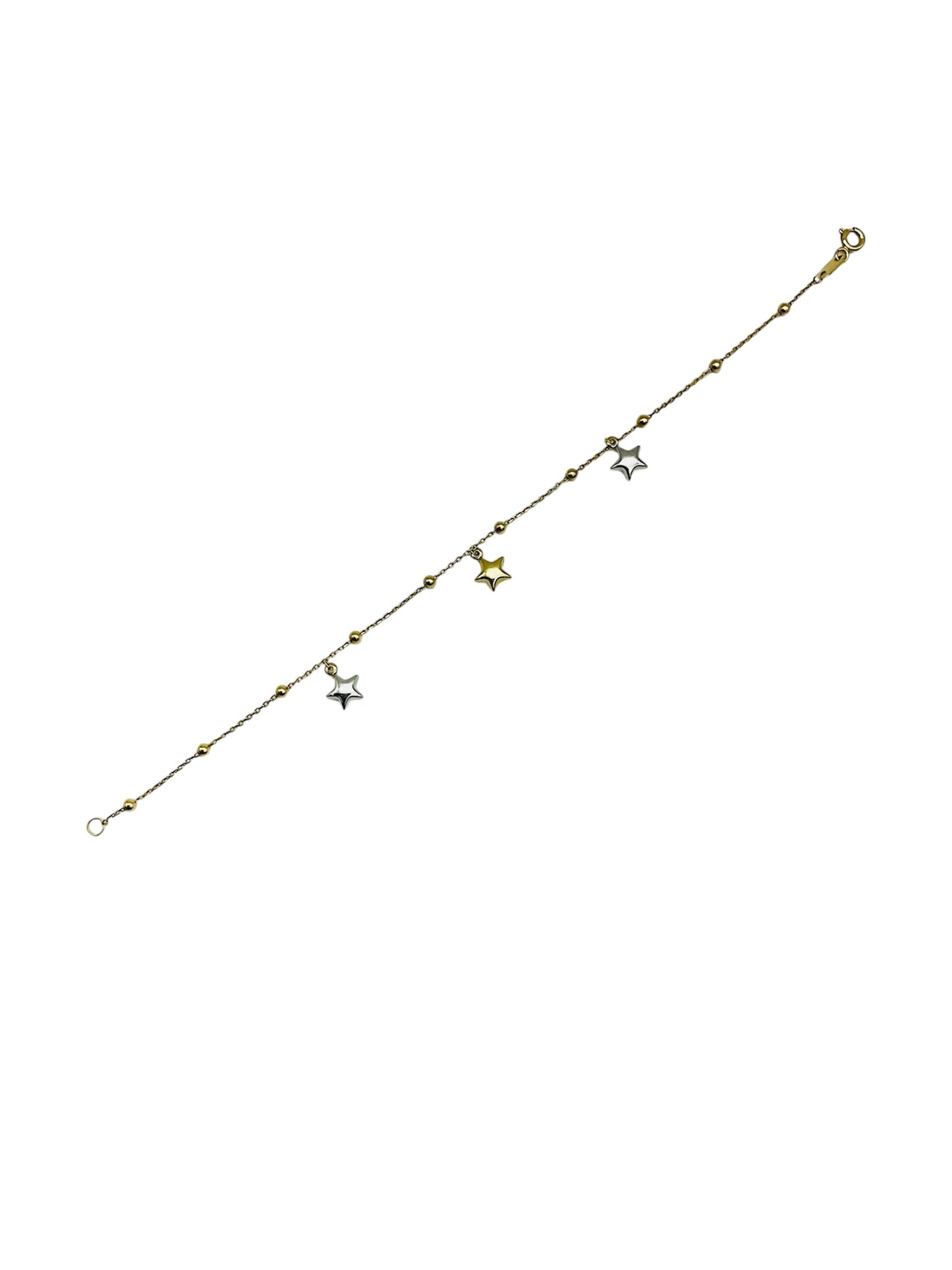 14K Solid Yellow Gold Beaded Bracelet with Two Color Star Charms