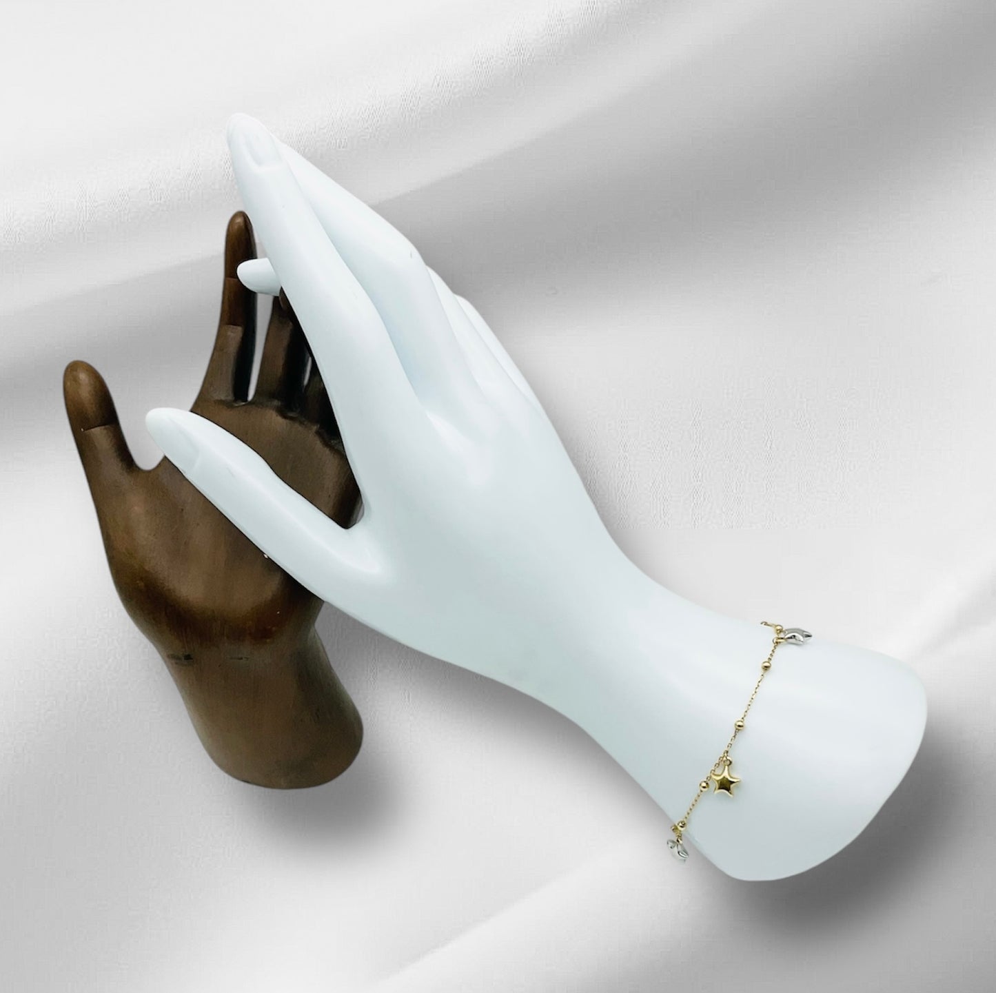 14K Solid Yellow Gold Beaded Bracelet with Two Color Star Charms