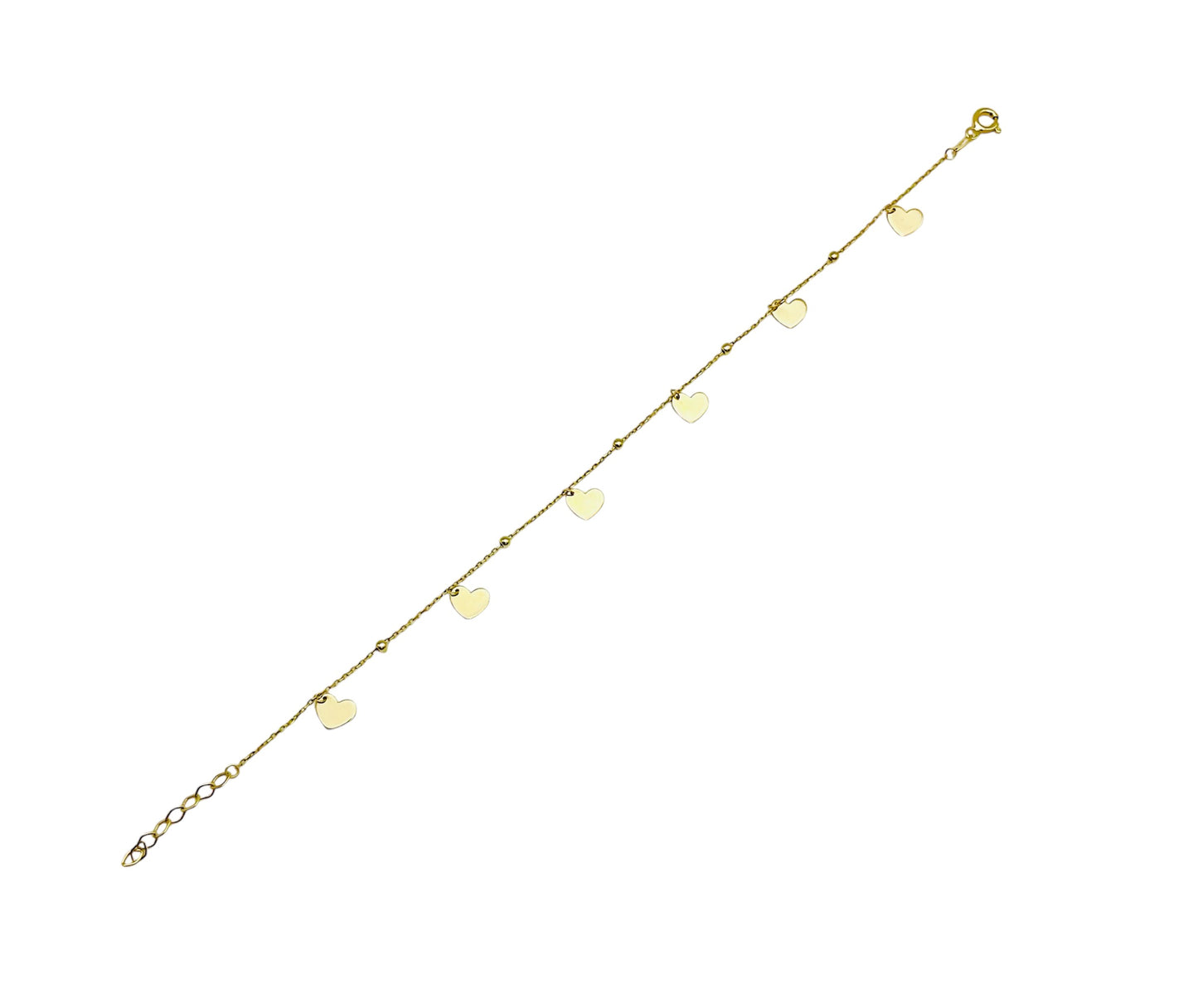 14K Solid Yellow Gold Beaded Bracelet with Flat Heart Charms
