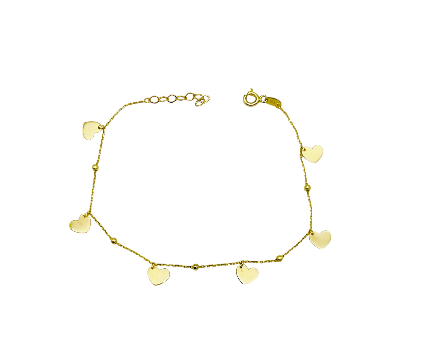 14K Solid Yellow Gold Beaded Bracelet with Flat Heart Charms