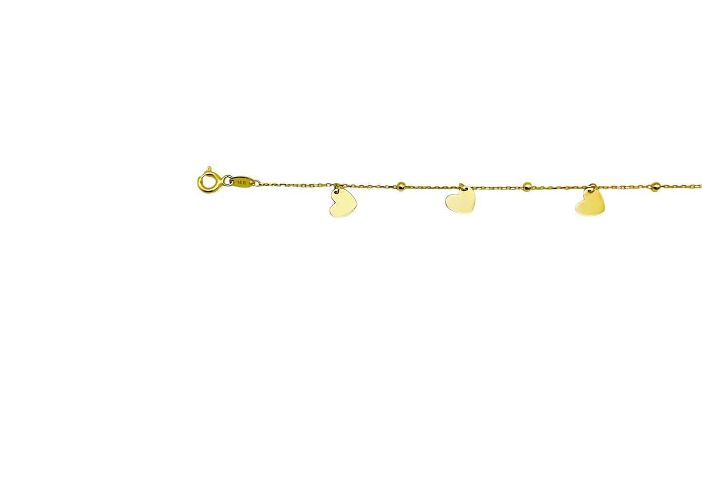 14K Solid Yellow Gold Beaded Bracelet with Flat Heart Charms