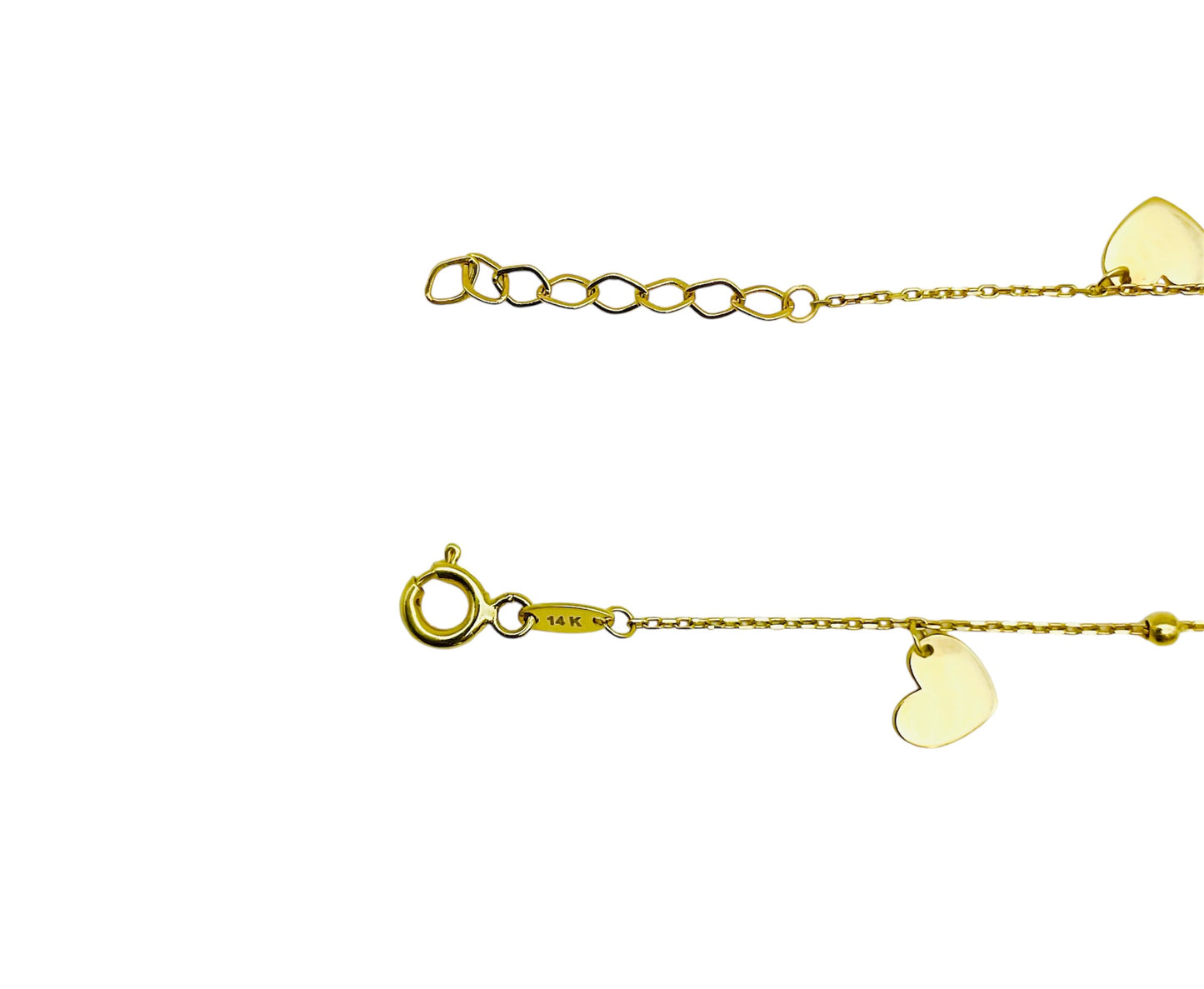 14K Solid Yellow Gold Beaded Bracelet with Flat Heart Charms