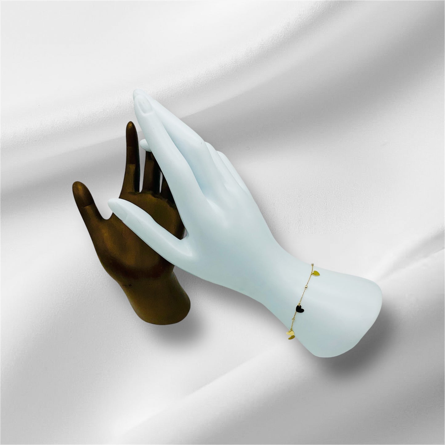 14K Solid Yellow Gold Beaded Bracelet with Flat Heart Charms