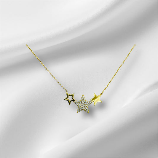 14K Solid Yellow Gold Three Stars with Cubic Zirconia Necklace