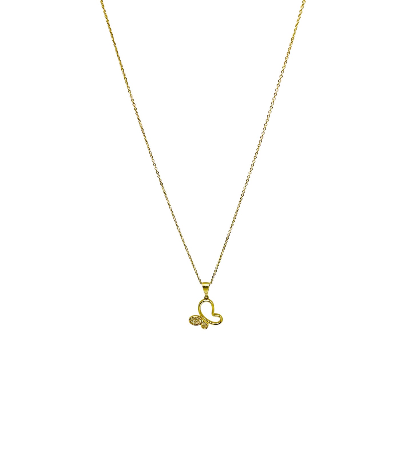 14K Solid Yellow Gold Half Outlined Butterfly with Cubic Zirconia Necklace