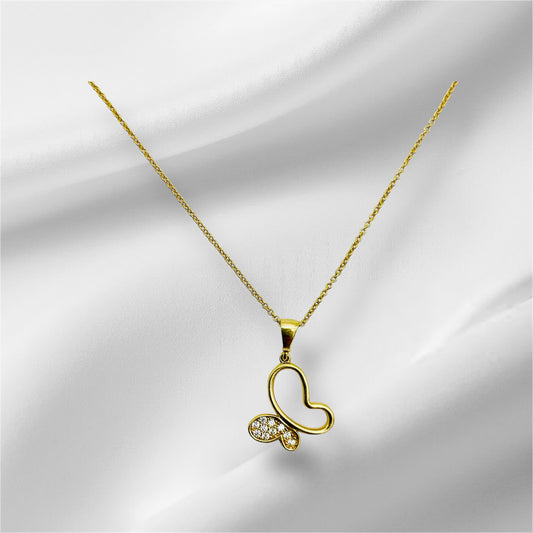 14K Solid Yellow Gold Half Outlined Butterfly with Cubic Zirconia Necklace