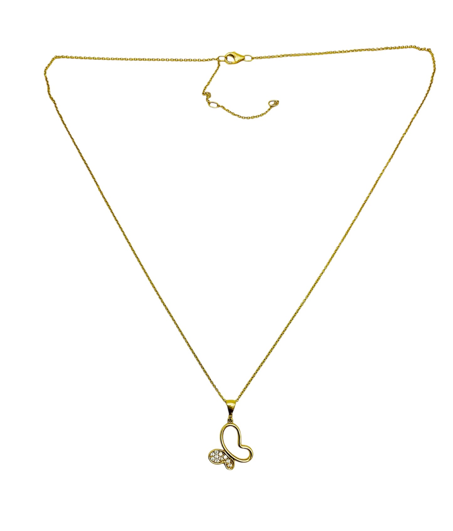 14K Solid Yellow Gold Half Outlined Butterfly with Cubic Zirconia Necklace