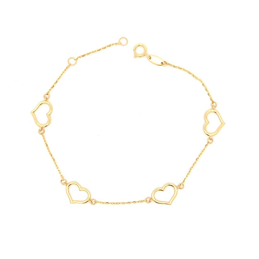 14K Solid Yellow Gold Heart Outline Bracelet