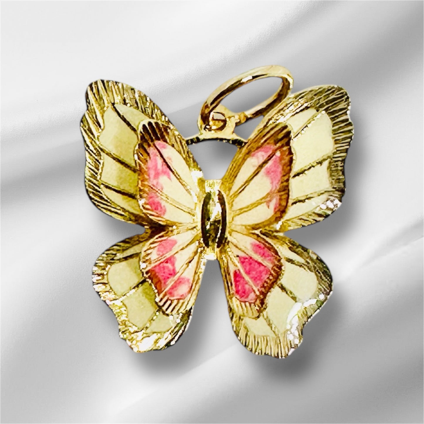 14K Solid Gold Small Enameled Butterfly Pendant