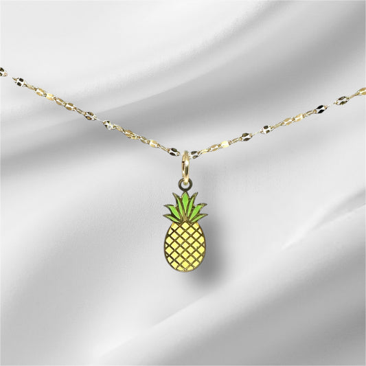 14K Solid Gold Enameled Pineapple Pendant