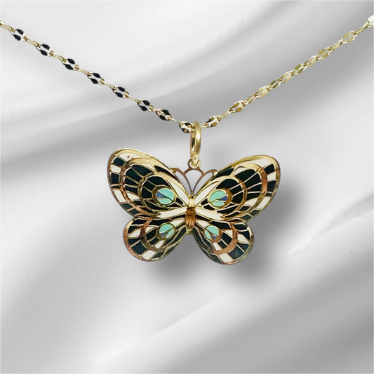 14K Solid Gold Medium Enameled Butterfly Pendant