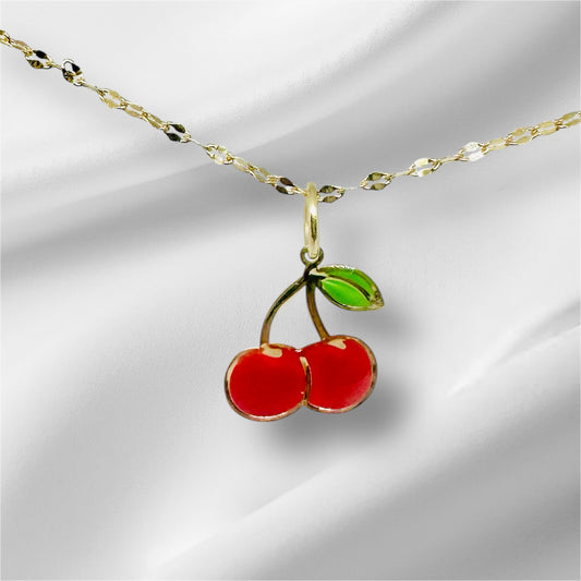 14K Solid Gold Enameled Cherry Pendant