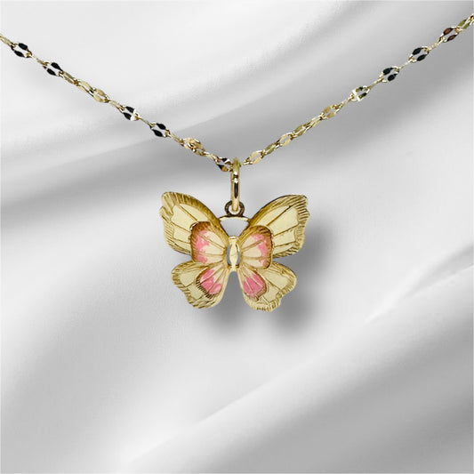 14K Solid Gold Small Enameled Butterfly Pendant