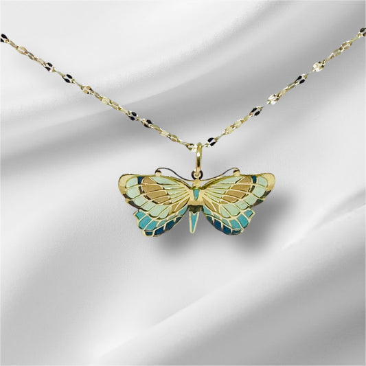 14K Solid Gold Large Butterfly Enamel Pendant