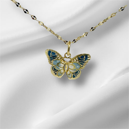 14K Solid Gold 3D Enamel Small Butterfly Pendant